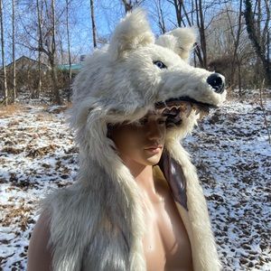 Custom faux taxidermy white wolf jacket.